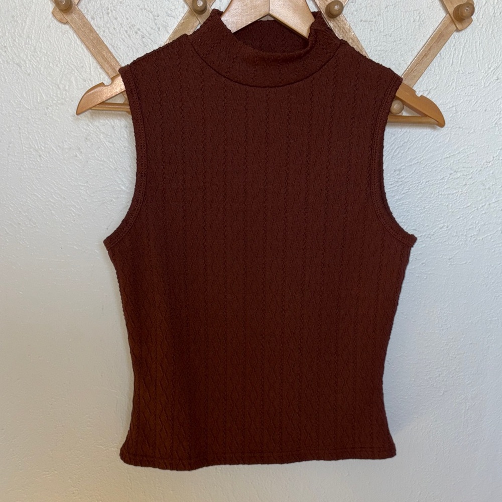 She + Sky Cable Knit Sleeveless Mock Neck Top in Chocolate Brown